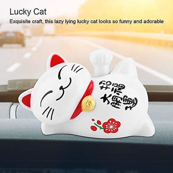 Soldrevet Lucky Cat Fortune Velkomstarm Vifter Lat Up Doven Liggende Rigdom Fortune Cat Home Shops Bilindretning (hvid)
