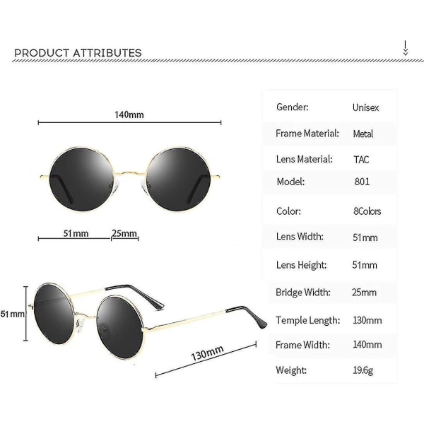 Vintage runde John Lennon polariserte solbriller for menn kvinner Circle Hippie Solbrillerqxuan Black Lens gold Frame