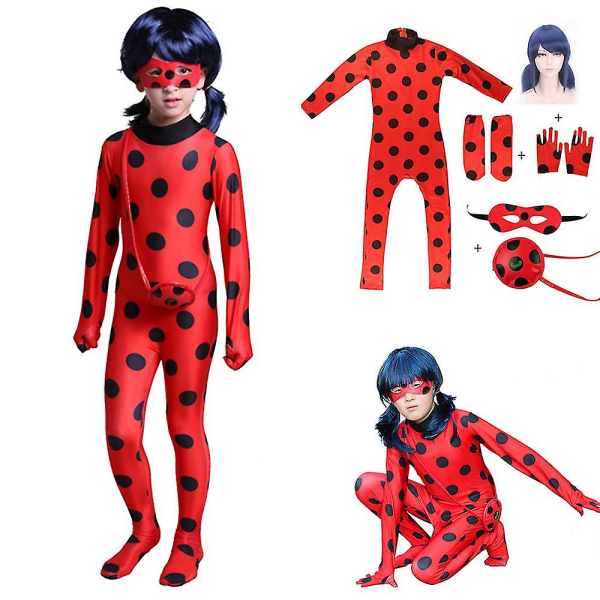 Lasten tytöille leppäkerttu cosplay- set Halloween-juhlahaalari, upea mekkoasu, jossa on side, peruukki, laukku 120(110-120CM)