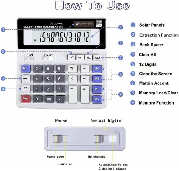 Skrivbordskalkylator med stor digital display, dubbeldriven kalkylator, solcellsdriven dator