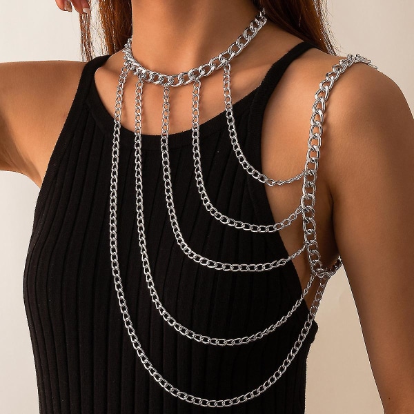 Punk U-formet dusk Body Chain Mote Halskjede One Shoulder Body Chain Klærtilbehør Silver