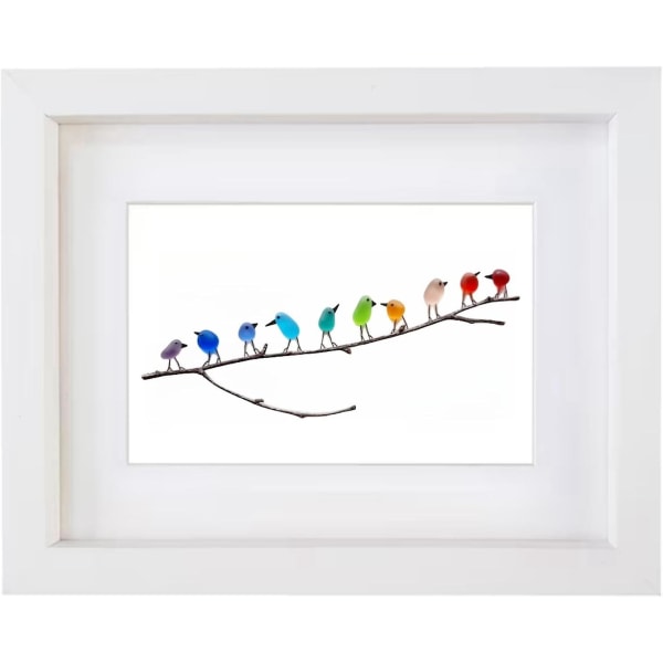 Sea Glass Rainbow Birds, Sea Glass Art, Sea Glass Drivved Bilde, Rainbow Bird Veggdekor Unik håndlaget veggkunstgave White 10birds