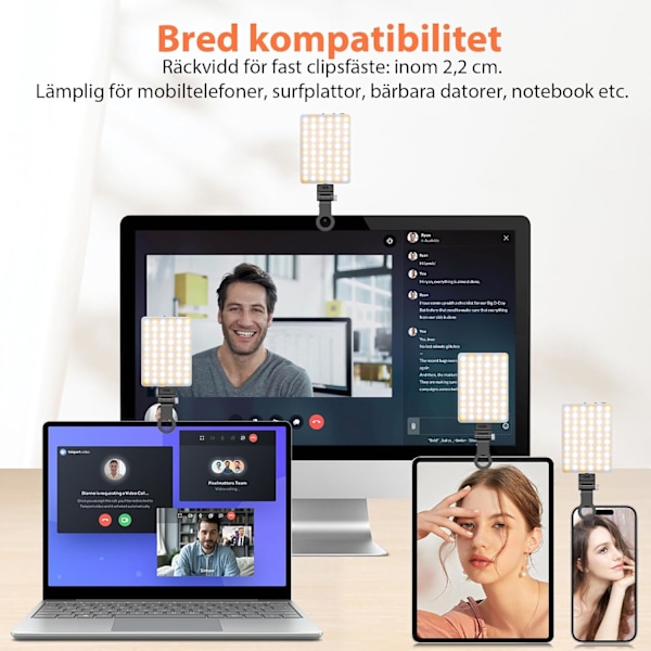 Itselaukaisinvalot matkapuhelimille, 60 ladattavaa videovaloa klipseillä ja kahdella 1/4 tuuman ruuvinreiällä sekä 2500K-9000K LED-itselaukaisinvalot