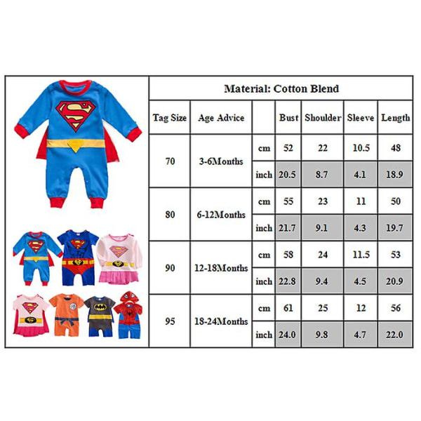 3-24 månader Baby Superhero Romper Kort/långärmad Jumpsuit kostym Superman B 6-12 Months