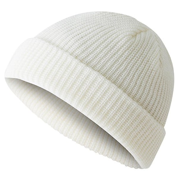 Miesten Mini Lyhyt Fisherman Pipo Pipo Ribbed Docker Knitted Skull Cap White