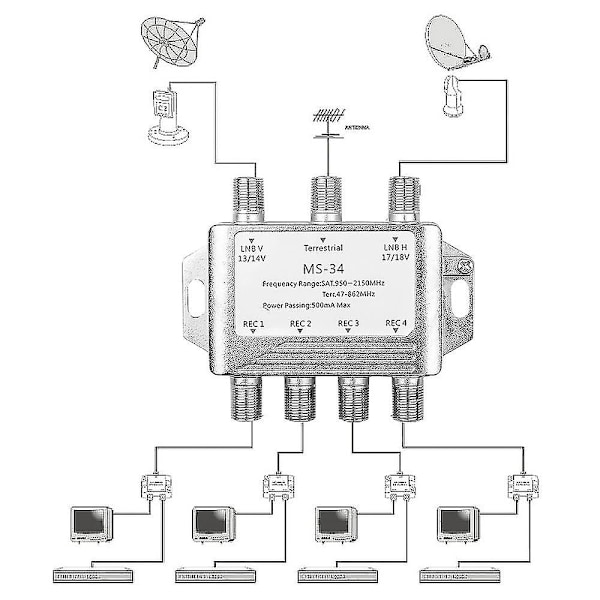 Ms34ez 3x4 Satelliittimonijakaja Splitter FTA TV LNB Forswitch Cascade Satelliitti 3 Sisään 4 Monijakaja DVB-S2 DVB-T2