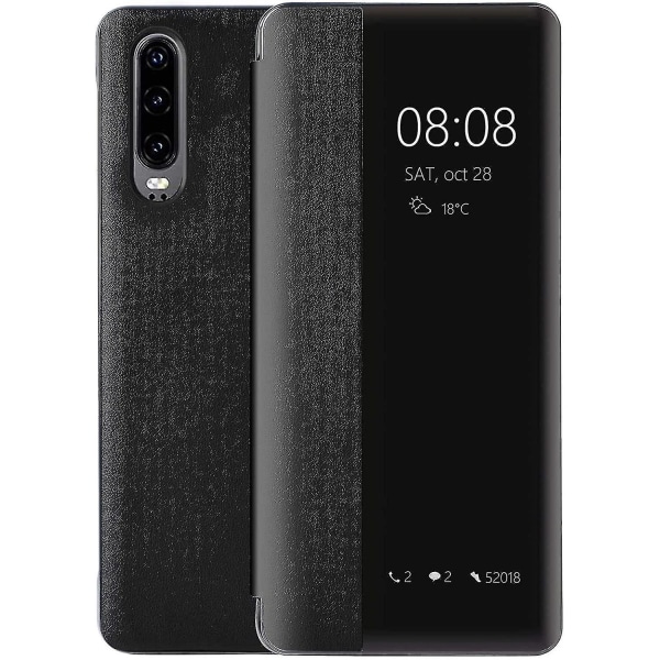 Huawei P30 Cover, Smart View Læder Flip Cover, [Strømsparefunktion][Integreret Beskyttelse](p30, sort)
