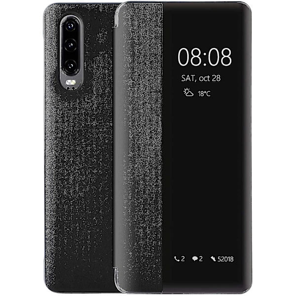 Huawei P30 Skal, Smart View Läder Flip Fodral, [Energisparläge][Integrerat Skydd](p30, svart)