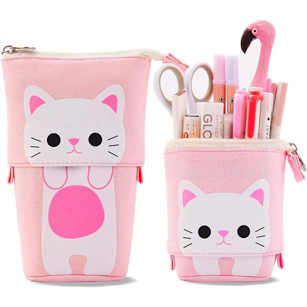 Stand Pencil Holder,Telescopic Cartoon Cute Cat Pencil Case Cosmetic Durable Canvas Stationery Makeup Bag for Boys Girls Students and Office Supplies,