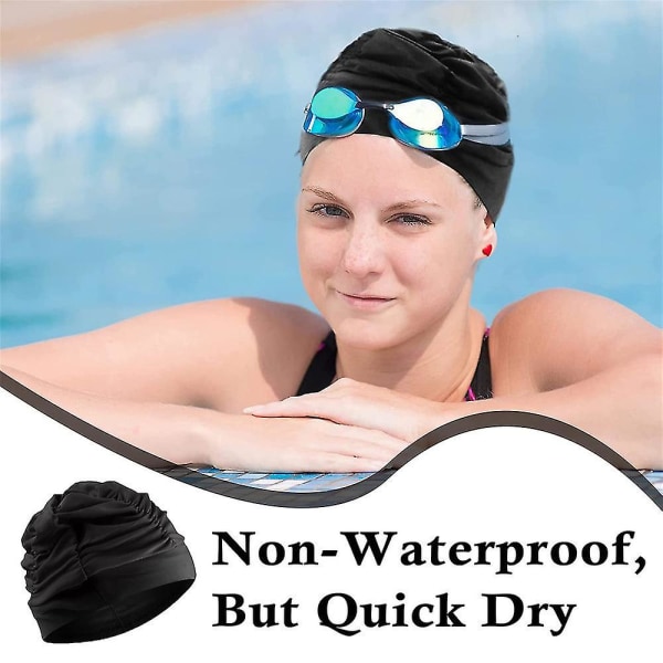 Badehætter til kvinder Svømning Nylonklud Plisseret badehætte til langt hår Stor højelastisk badehætte Svømmehatte Black