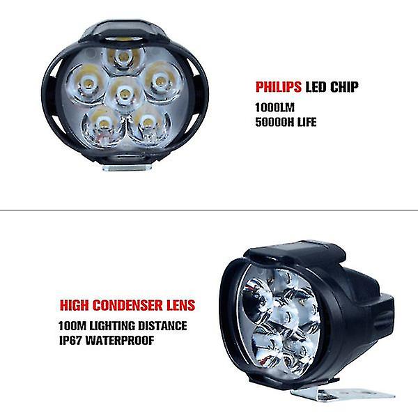 2 stk 6 LED motorsykkel lys frontlykt montering 10w 1000lm Universal Scooter Atv tåkelys 6000k black