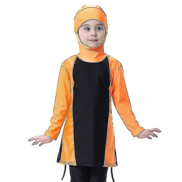 Børn Piger Muslim Islamisk Badetøj Badedragt Modest Burkini Bading Full Cover Orange 11-12 Years