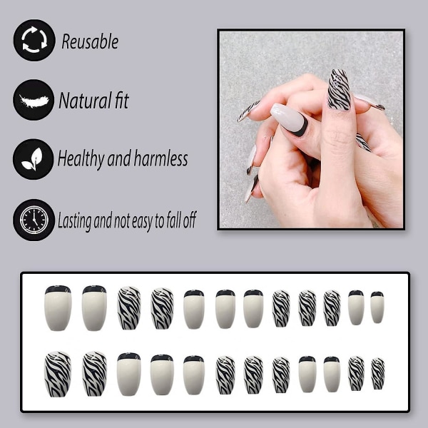 24 st Press On Nails - Medium Cover lösnaglar med lim (zebramönster)
