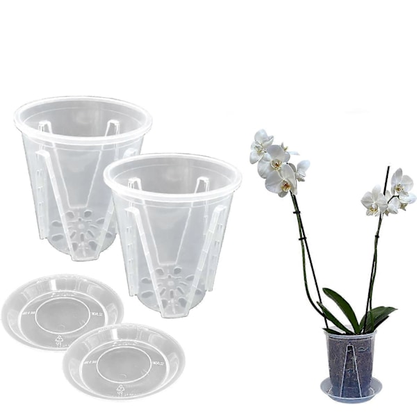 Sæt med 2 potter med diameter 14 cm i gennemsigtig plastik til orkideer, stive vaser med drænhuller og underkop, tilbehør til dyrkning af planter og blomster