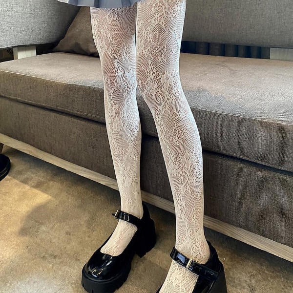 Kvinnor Hollow Out Mesh Fishnet Strumpbyxor Sweet Lace Floral Lolita Tights Strumpa