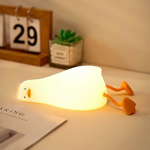 Liggende Flade Anden Natlampe, Sød Lysende And, LED Silikon Sengelampe, Berøringsstyret Genopladelig Natlys (And)