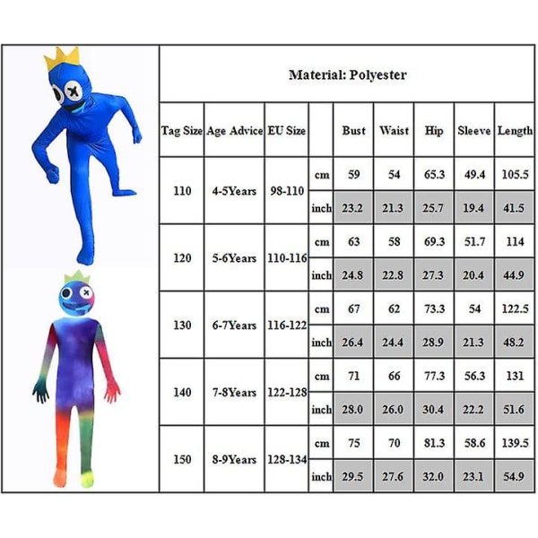 4-9 år Børn Unisex Rainbow Friends Cosplay kostume Halloween Jumpsuit Fest Outfit Gaver Blue 7-8 Years