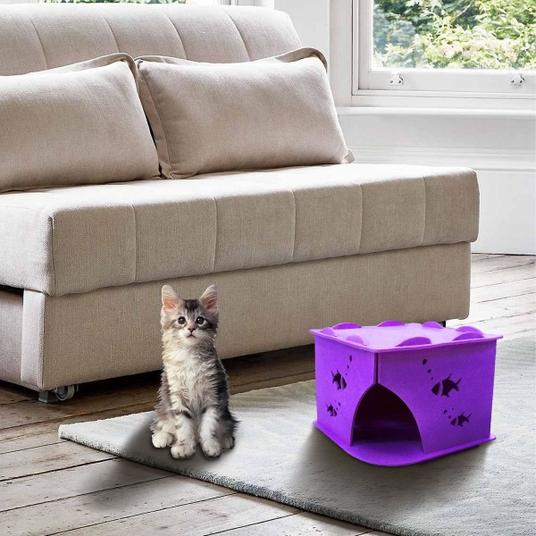 Filt kattehus Sammenleggbart og avtakbart filt halvlukket pustende kattehus Purple