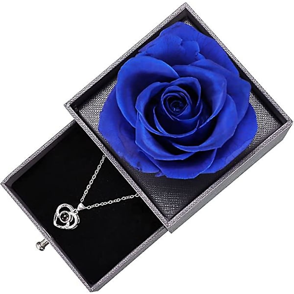 Konservert Ekte Rose med Hjerte Halskjede Gaveeske, Håndlaget Evig Ekte Rose for Valentinsdag Bryllupsdag Bursdagsgaver til Henne Kvinner Blue