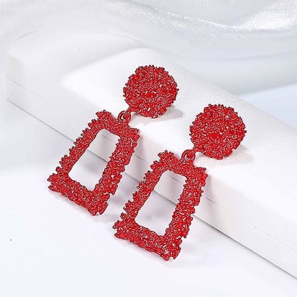 Röda örhängen med klämma för kvinnor och flickor, geometriska rektangulära örhängen med klämma utan hål
