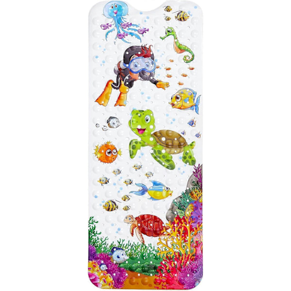 Baby Bade Måtte til Badekar til Børn, 101 x 40 cm Skridsikker Tegneserie Badekar Brusemåtte Anti-skrid med Drænhuller og Sugekopper Maskinvaskbar, Skildpadde