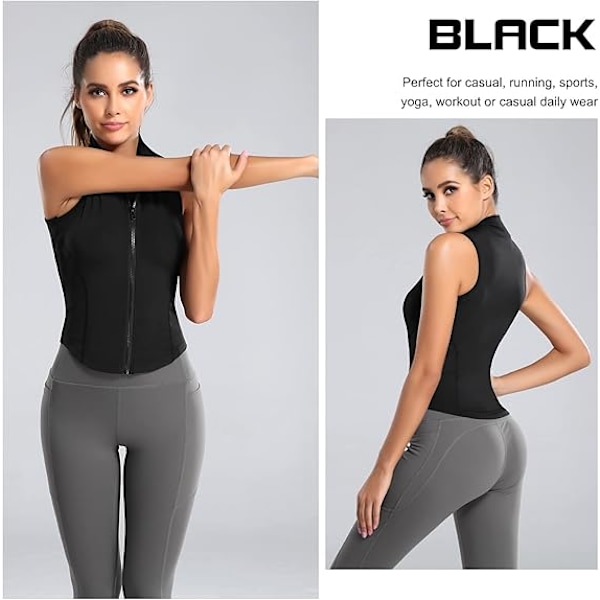 Dame ermeløs sportsvest med full glidelås T-skjorte er egnet for yoga løping og fitness. L black