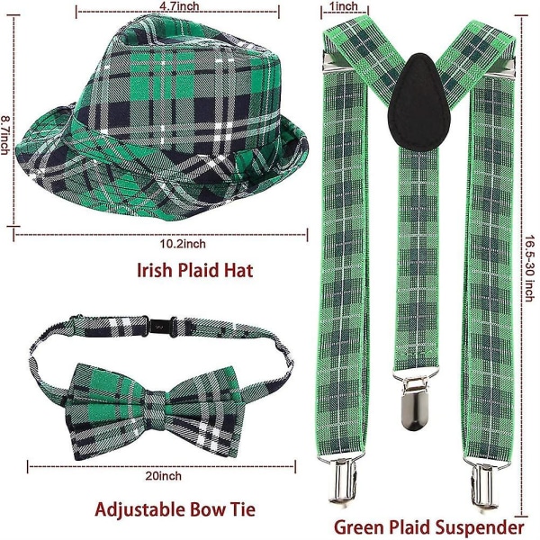 3 stk St Patrick's Day Hat Grønn rutete stoff Fedora Hat Sløyfe og seler St Patrick S' Day Kostymer Tilbehør