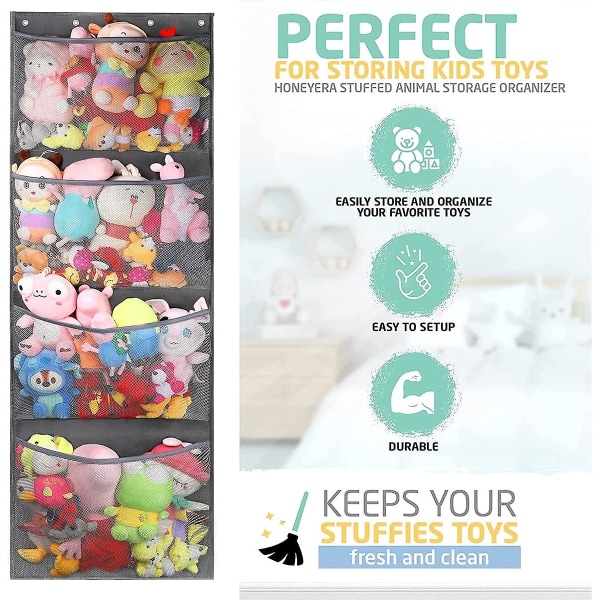 Oppbevaringspose for bamse over døren - Organiser for bamser med 4 store lommer - Hengende nettposer for baby-plysjleker, soverom, barnerom, leker