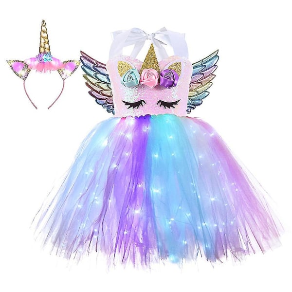 Barn Glödande Enhörningar Kostym Barn Färgglada Led-ljus Paljetter Födelsedagsfest Klänningar Glänsande Princess Cosplay Klänning 6T White Light Colored