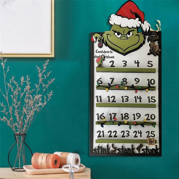 Julkalender i trä med Grinch 2022, 24 dagar nedräkning, nummer, datum, julpynt, väggdekoration, present