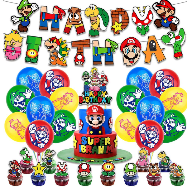 Super Mario Balloons Kit Födelsedagsfest Tillbehör Ballonger Banner Cake Toppers Dekorationer