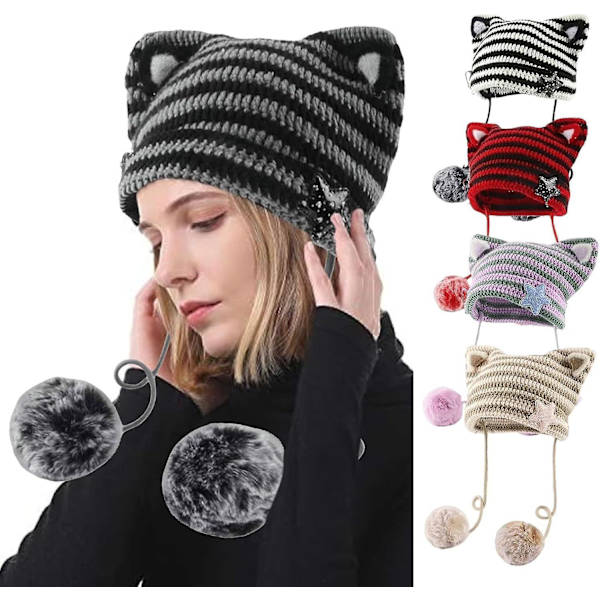 Stickad mössa med kattöron för kvinnor, vintervarm mössa i elastiskt stickat, skidmössa med dun och broderi för vuxna flickor