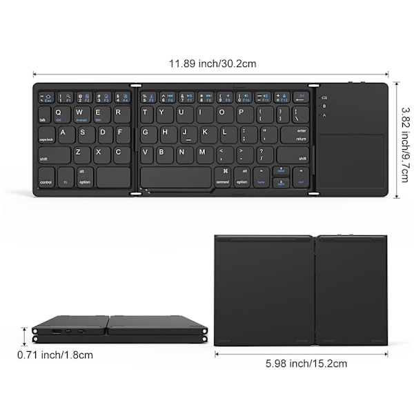 Tri-Fold Bluetooth-tastatur, Bluetooth bærbar mini-tastatur med touchpad mus - sort