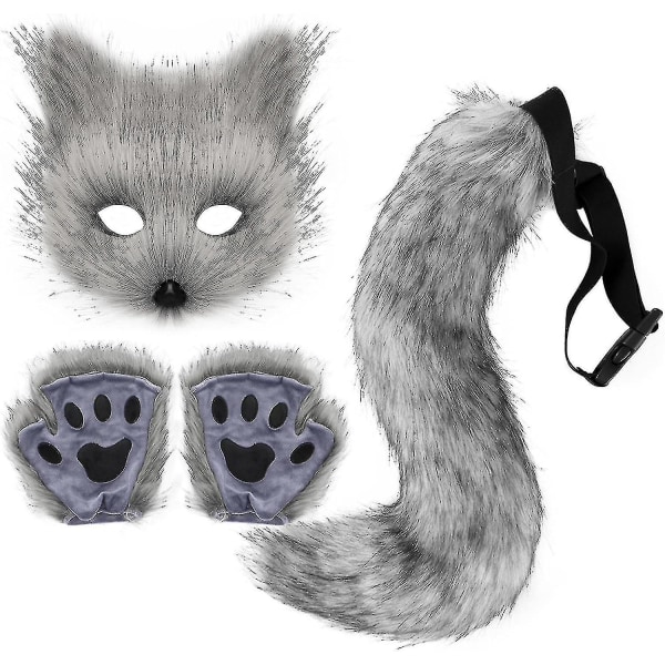 Fuskepels revehale Katt Wolf Cosplay kostymesett Plysjmaske Fluffy Paw Gloves Halloween Christmas Dark Gray
