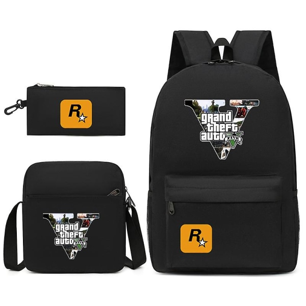 3kpl Gta5 Grand Theft Auto Student Schoolbag Reppu Pieni olkalaukku kynälaukku Black