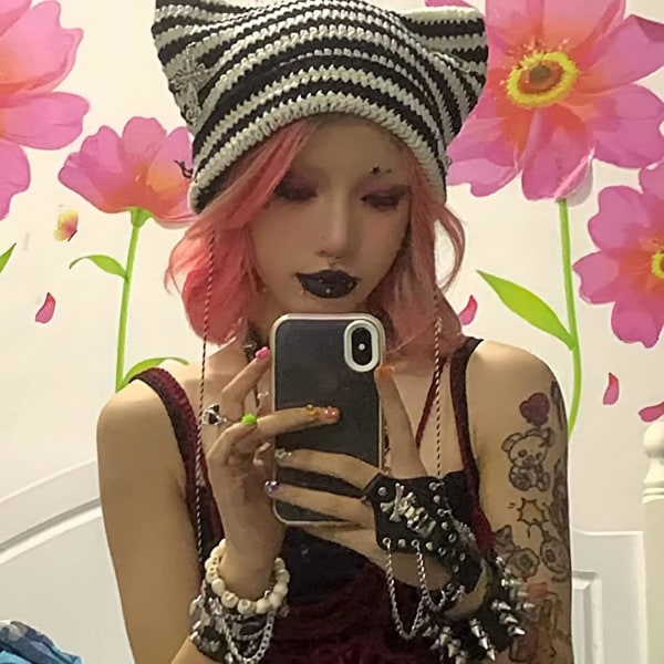 Grunge Pipot Virkatut Neulotut Hatut Naisille Tytöille Kettu Kissan Korva Goth Emo Alt Y2k Asusteet Grunge Vaatteet