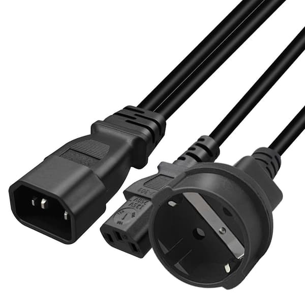 Y-splitteradapterkabel IEC320 C14 hannplugg til C13+EU4.8mm hunnstrømkabel