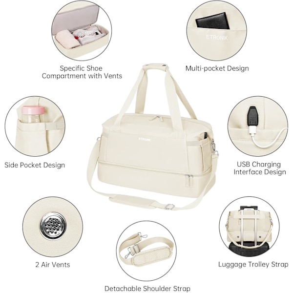 Treningsbag for kvinner, USB-ladeboks, sportsbag med våtrom, helgeturer, reise, treningsstudio, yoga, beige, M
