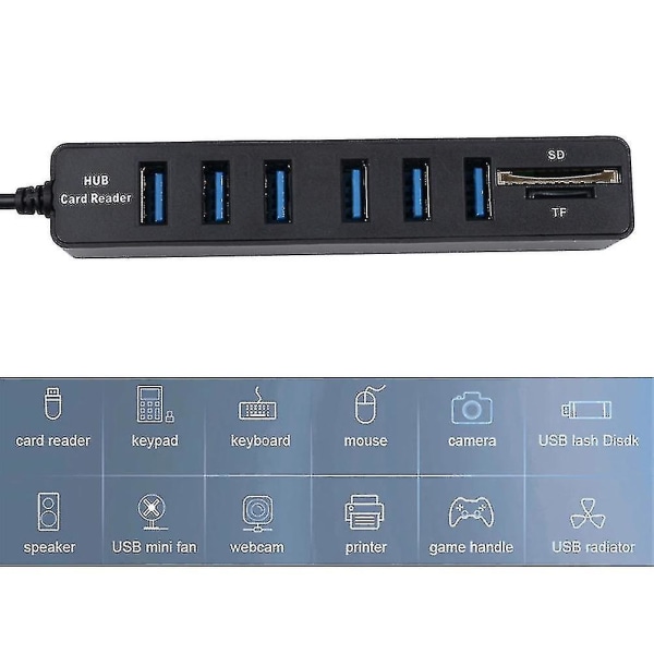 Snabb leverans USB Hub 6 Port USB 2.0 Data Hub Splitter USB Extension Lagring Minneskortläsare för bärbara datorer