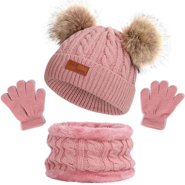Barn Pojkar Flickor Varm stickad mössa + halsvärmare halsduk + handskar set 1-5 år Pink