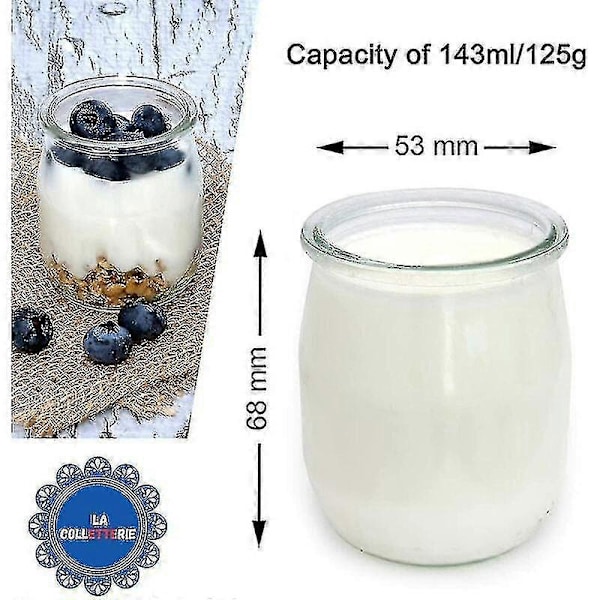 Set med 12 glasburkar för yoghurt med läckagesäkra lock, tillverkade i Frankrike för yoghurtmaskiner, multikokare och matberedare (Thermomix, Seb, etc.) 143 ml / 1