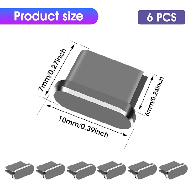 Typ C dammpluggset, 6 stycken dammskydd för USB C-laddningsport i aluminiumlegering, lämplig för smarttelefon, bärbar dator (grå)