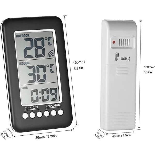 Trådløst innendørs termometer, lcd / digitalt innendørs/utendørs termometer Tidsklokke Temperaturmåling med sender