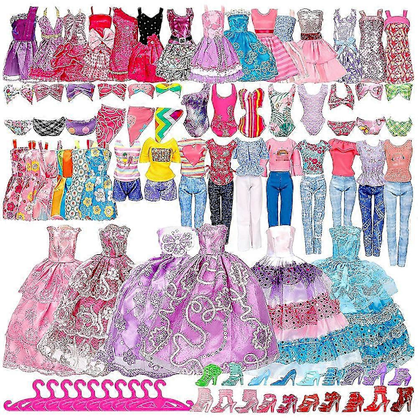 50-pack Barbie-dockkläder Toppar Byxor Klänningar Skor Mode Festtillbehör Set Barn Flickor Leksak Present
