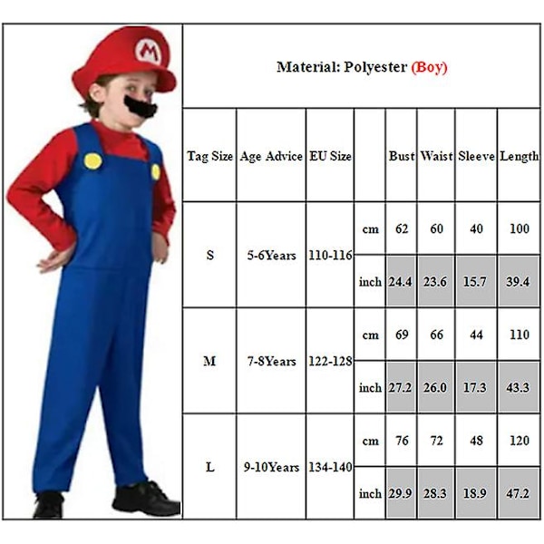 Halloween Super Mario Bros VVS Luigi Cosplay Kostume Sæt Fancy Dress Up Outfit Fest Rolle Spil Performance Dragt Til Voksne Mænd Kvinder Børn Dreng Pige Boy Red 7-8 Years