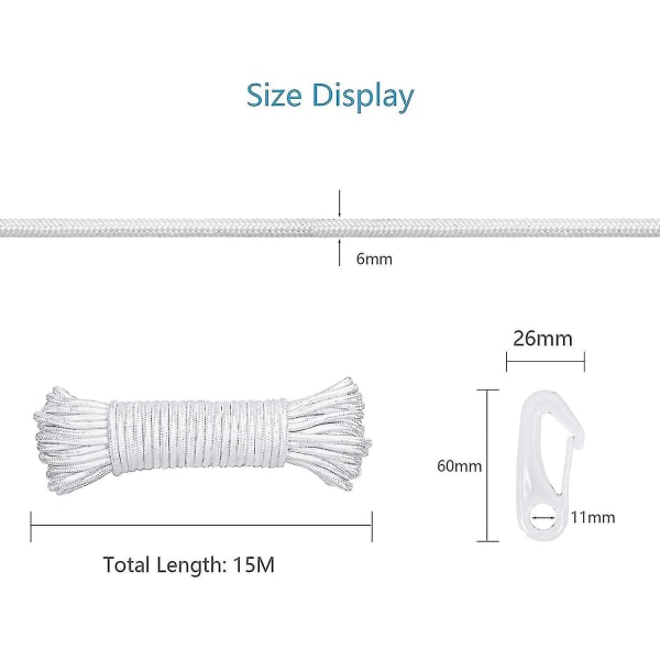 6mm Nylon Flaggstångslina med 4 Krokar (15 Meter)