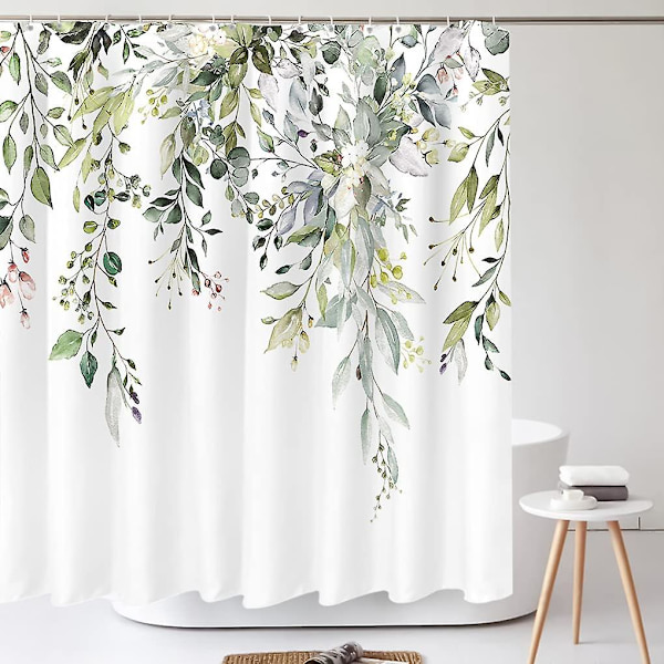 Gröna Eukalyptus Duschdraperier Set Akvarellblad Ovanpå Växt Blommig Badrumsinredning 180x180 cm
