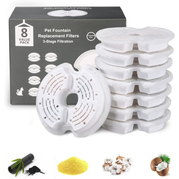 Vattenfilter för fontän, 8-pack, kattfontänfilter, fontänfilter, kattblomma, fontänfilter med aktivt kol