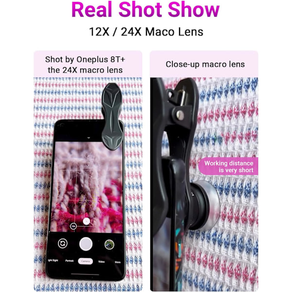 Profesjonell HD 12X/24X avansert makrolinse, egnet for iPhone, Samsung Galaxy S6/S6 Edge, S7/S7 Edge og de fleste smarttelefoner og nettbrett, svart.