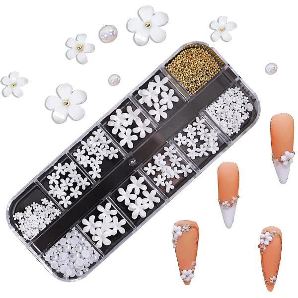 3d Blommig Nail Art Charms Set - Glitter vita blommor och gyllene kaviarpärlor för akrylnaglar